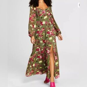 Bar III Olive Green Floral Maxi Dress with Pink Accents